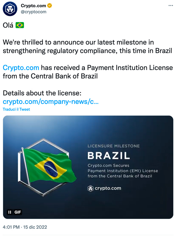 Crypto.com ottiene licenza in Brasile