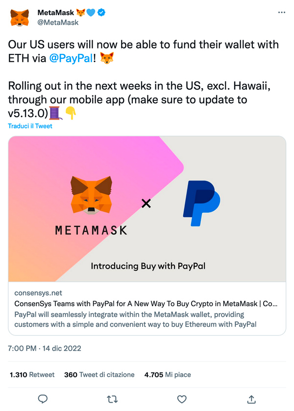 Metamask integra Paypal