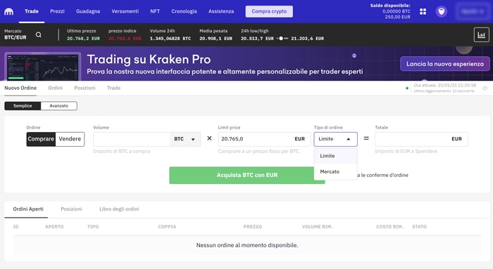 Comprare BTC - Interfaccia trading Kraken