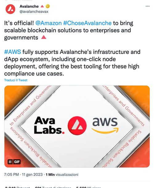 Avalanche partnership con Amazon AWS
