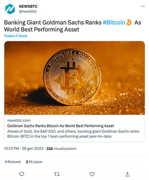 Bitcoin miglior investimento per Goldman Sachs
