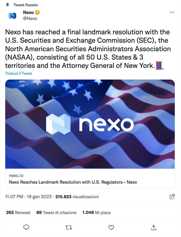Nexo multata dalla SEC