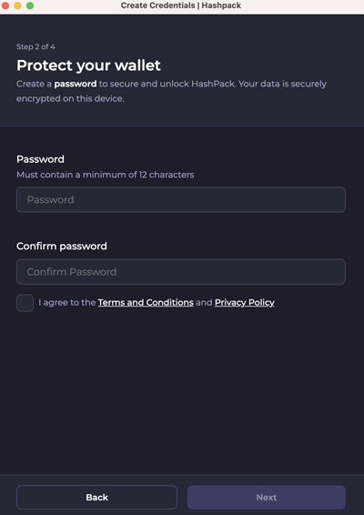Hashpack: impostare password