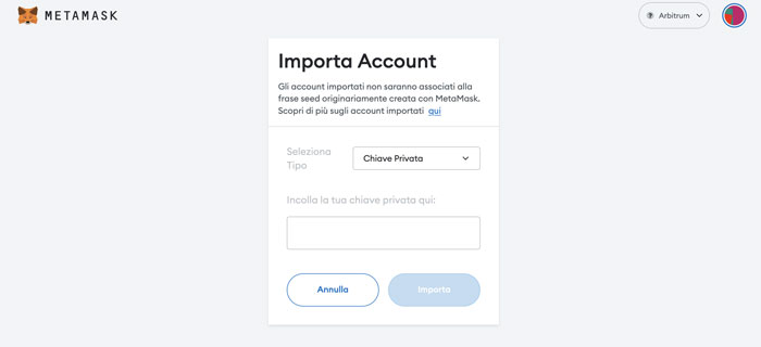 Metamask: importare account esistente