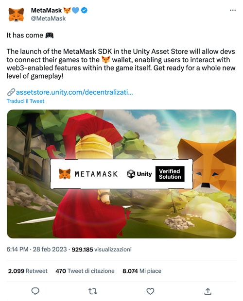 Metamask: annuncio SDK in Unity Store