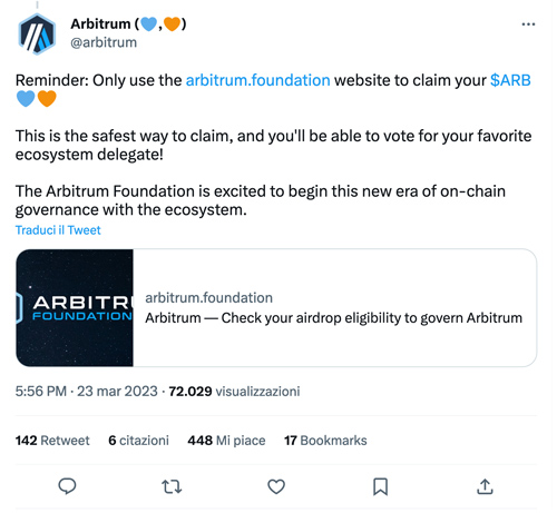 Arbitrum: successo per Airdrop di ARB