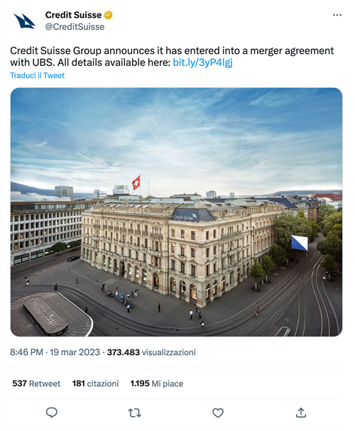 Credit Suisse acquisita da UBS