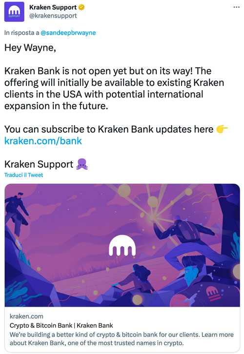 Kraken conferma la Banca su Twitter