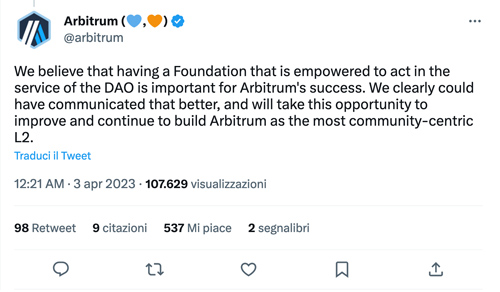 Tweet Arbitrum Foundation sulla AIP - 1