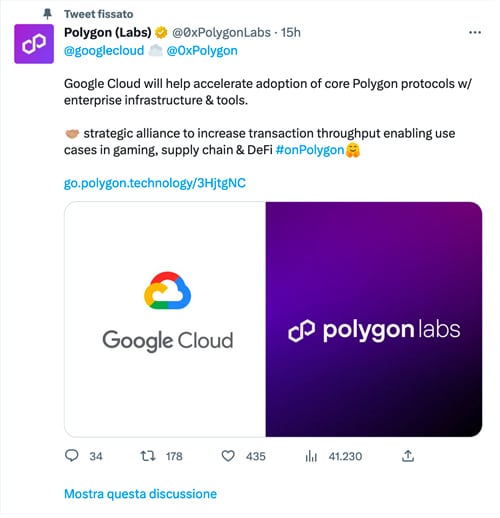 Tweet di Polygon Labs: accordo con Google Cloud
