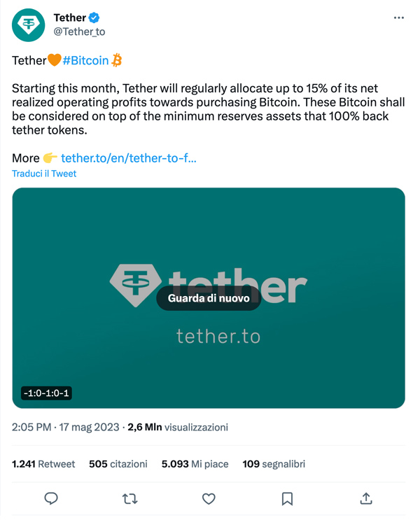 Tweet: Tether investirà in Bitcoin