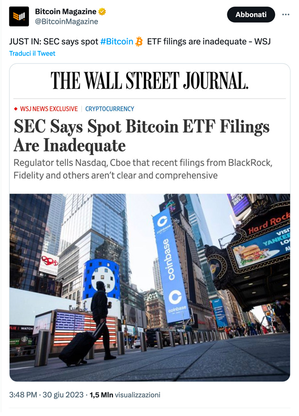 Tweet: la SEC respinge le richieste ETF Spot