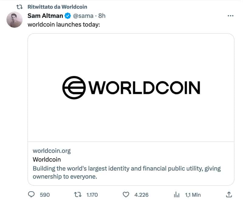 Tweet: lancio di Worldcoin