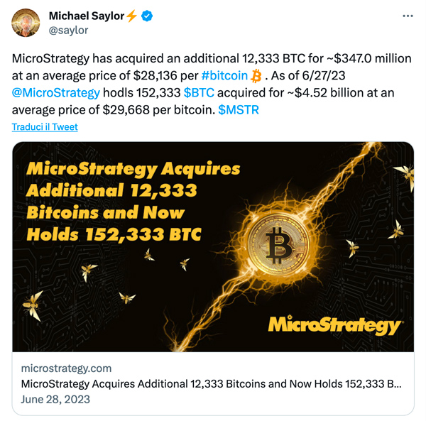 Microstrategy continua ad accumulare Bitcoin