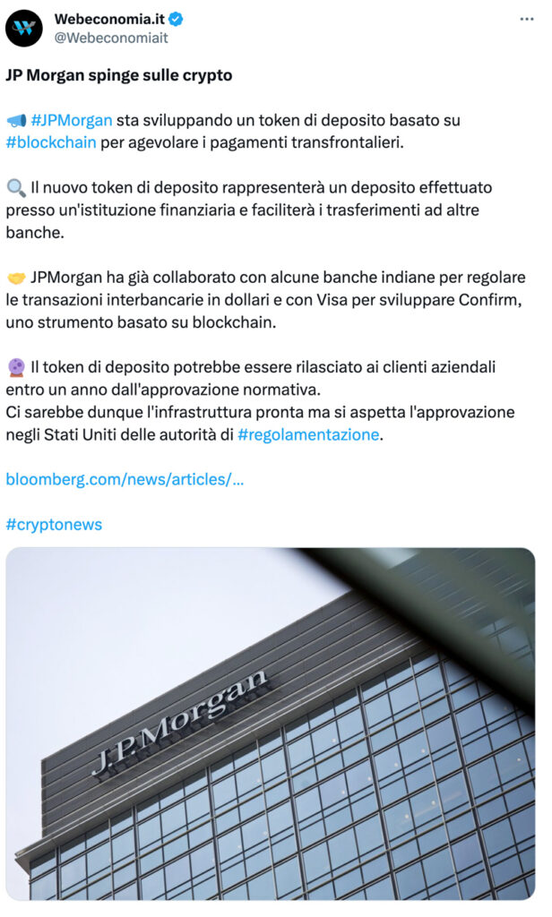 JP Morgan spinge sulle crypto