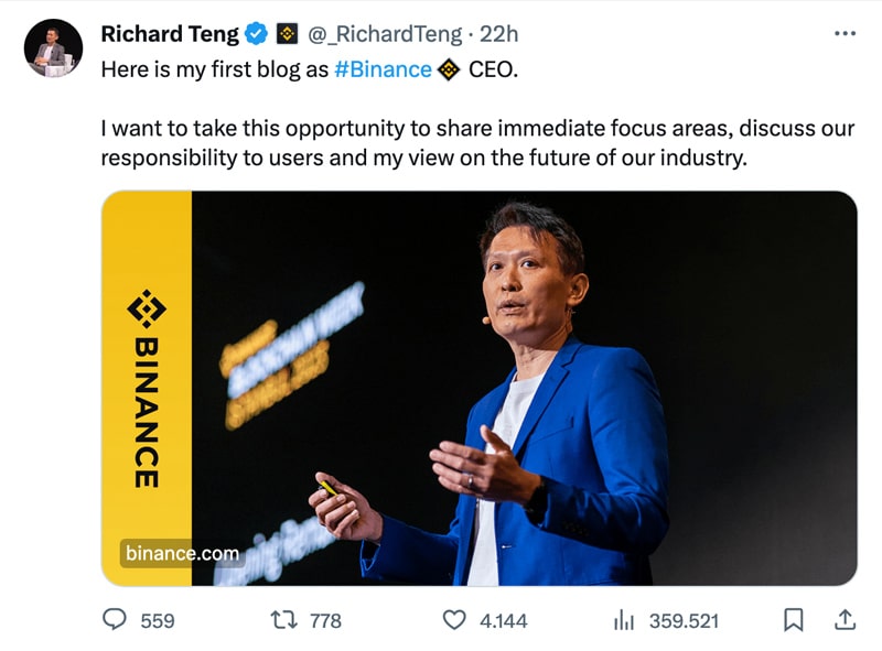 Post X di Richard Teng da CEO di Binance