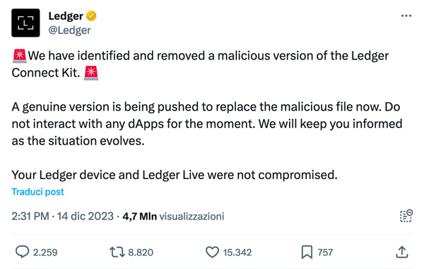 Ledger: annuncia exploit Connect Kit