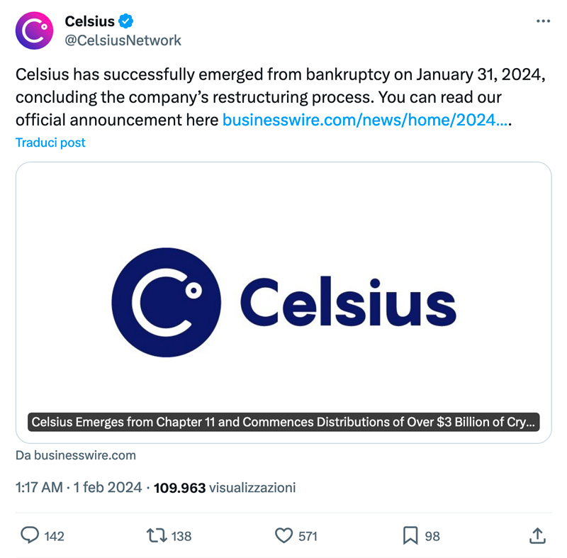 Celsius esce dalla bancarotta
