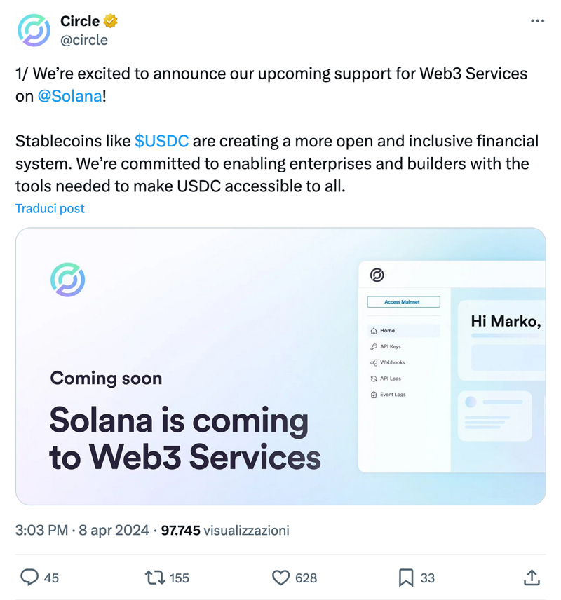 Circle supporta i servizi Web3 su Solana