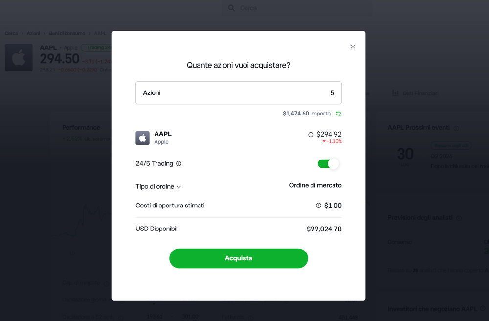 Ordine a mercato Apple su eToro